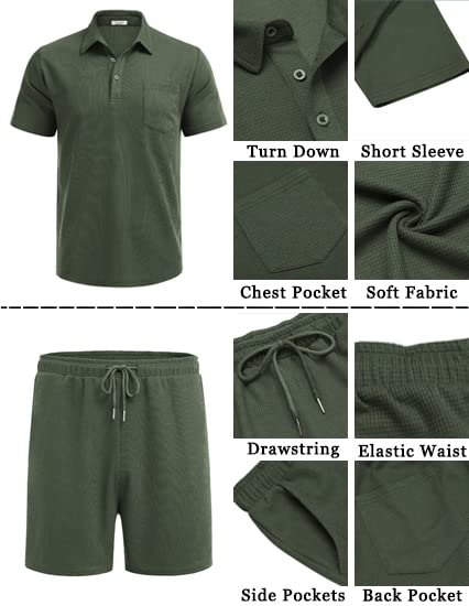 COOFANDY Men's Waffle Knit Polo Shirt and Shorts Set 2 Pieces Outfits Summer Suit Casual Tracksuit with Pockets COOFANDY