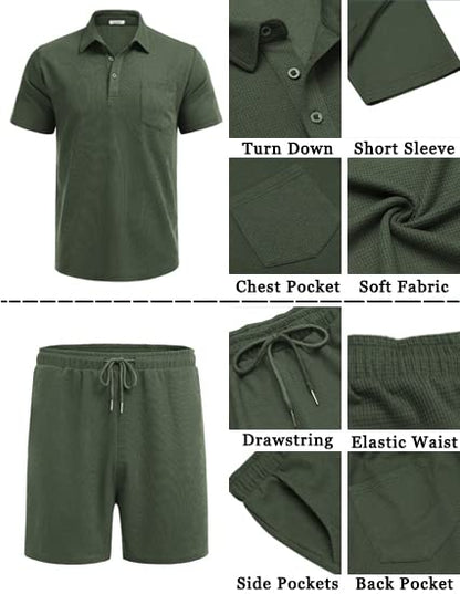 COOFANDY Men's Waffle Knit Polo Shirt and Shorts Set 2 Pieces Outfits Summer Suit Casual Tracksuit with Pockets COOFANDY