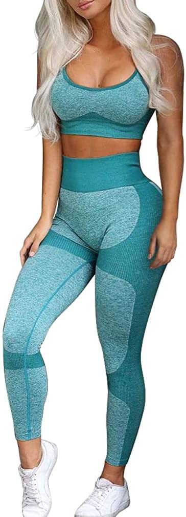OLCHEE Women’s Workout Sets 2 Piece - Seamless Yoga Leggings and Cross-Strap Sports Bra Gym Outfits Activewear Matching Set - Green Medium OLCHEE