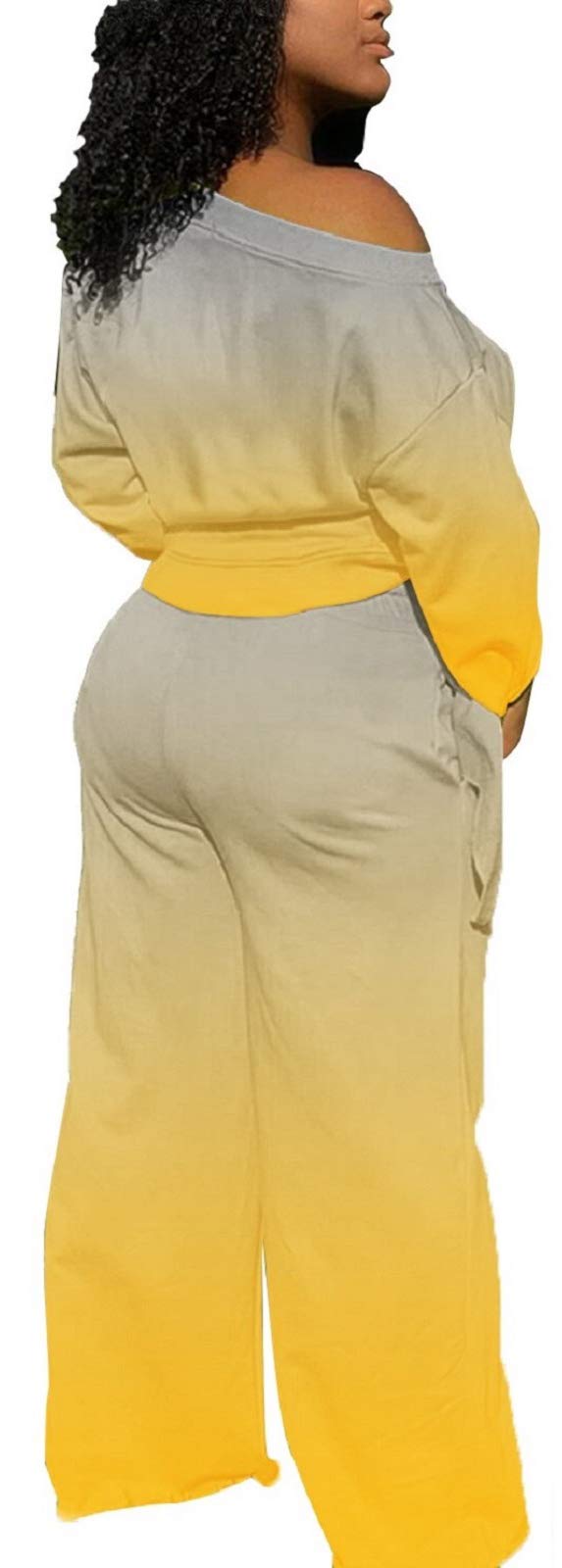 sexycherry Womens Yellow Two Piece Sets Casual Loose Tie Knot Long Sleeve Crop Top Wide Leg Long Pants Sweatsuit with Pockets (Large) sexycherry
