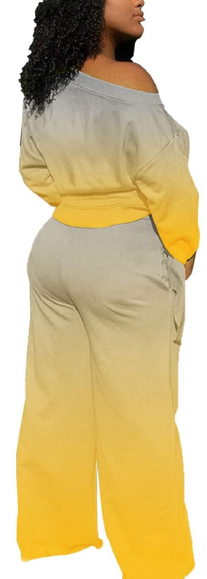 sexycherry Womens Yellow Two Piece Sets Casual Loose Tie Knot Long Sleeve Crop Top Wide Leg Long Pants Sweatsuit with Pockets (Large) sexycherry