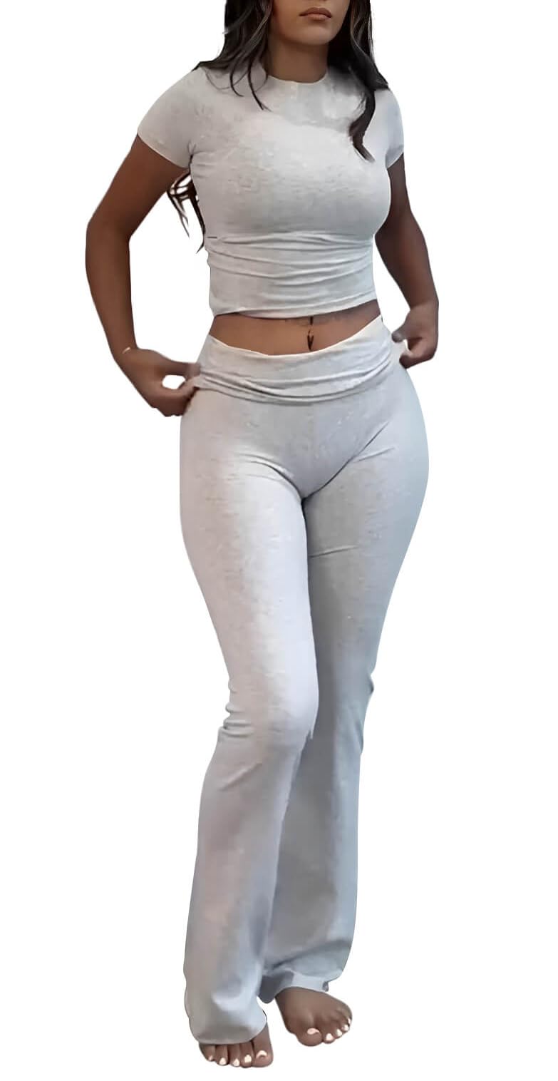 ZFLM Casual Workout Two Piece Outfits for Women Short Sleeve Crop High Waist Foldover Flare Pants Tracksuit Sets Streetwear ZFLM