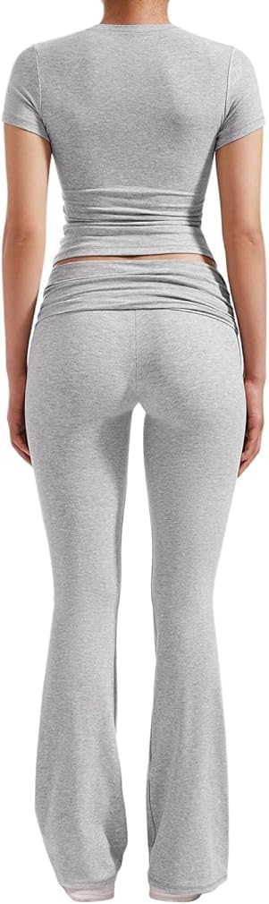 ZFLM Casual Workout Two Piece Outfits for Women Short Sleeve Crop High Waist Foldover Flare Pants Tracksuit Sets Streetwear ZFLM