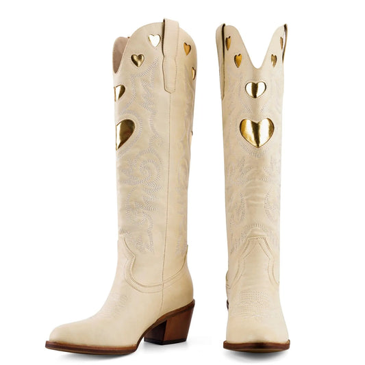 POYOIOR Beige Cowgirl Western Boots for Women Heart Pattern Classic Embroidered Vintage Tall Booties Round Toe Chunky Stacked Heel Cowboy Boot Pull on 2025 Fall Winter Size 8 POYOIOR