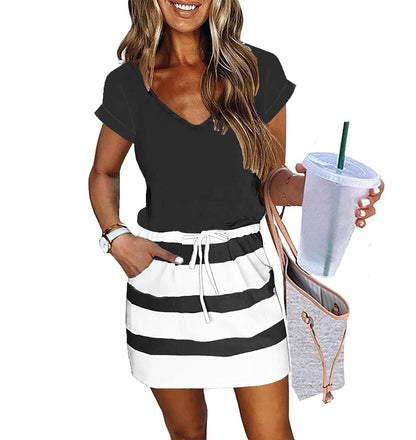 Womens Summer Dress Lantern Sleeve Square Neck Tie Front A-Line Double Layer Hem Mini Dresses Black White