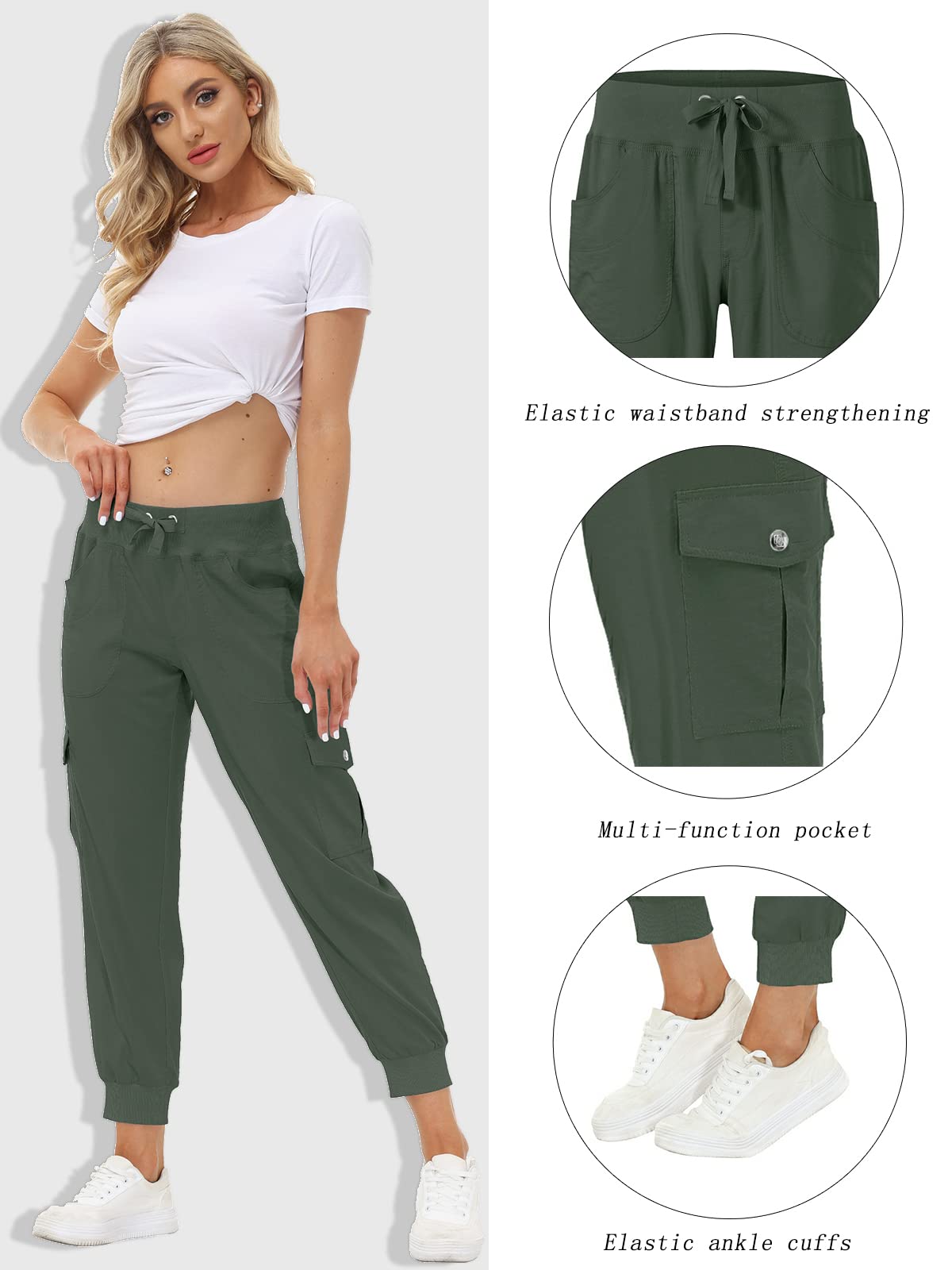 MoFiz Women's Hiking Pants Cargo Joggers Sweatpants with Pockets Lightweight Quick Dry Outdoor Summer Casual Athletic Elastic Waist Army Green 3XL MoFiz