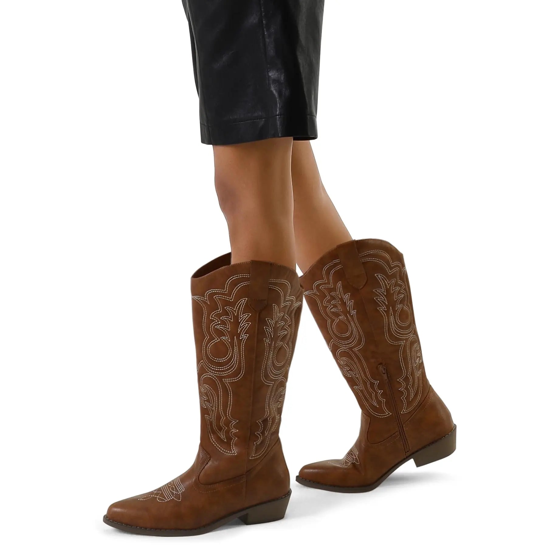 mysoft Women's Cowboy Boots Mid Calf Cowgirl Embroidered Western Pointed Toe Chunky Heel Pull On Knee High Boots mysoft