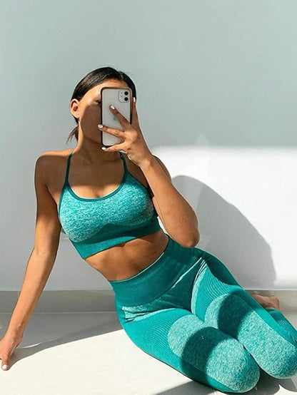 OLCHEE Women’s Workout Sets 2 Piece - Seamless Yoga Leggings and Cross-Strap Sports Bra Gym Outfits Activewear Matching Set - Green Medium OLCHEE
