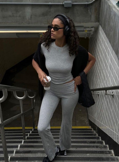 ZFLM Casual Workout Two Piece Outfits for Women Short Sleeve Crop High Waist Foldover Flare Pants Tracksuit Sets Streetwear ZFLM