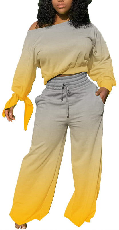 sexycherry Womens Yellow Two Piece Sets Casual Loose Tie Knot Long Sleeve Crop Top Wide Leg Long Pants Sweatsuit with Pockets (Large) sexycherry