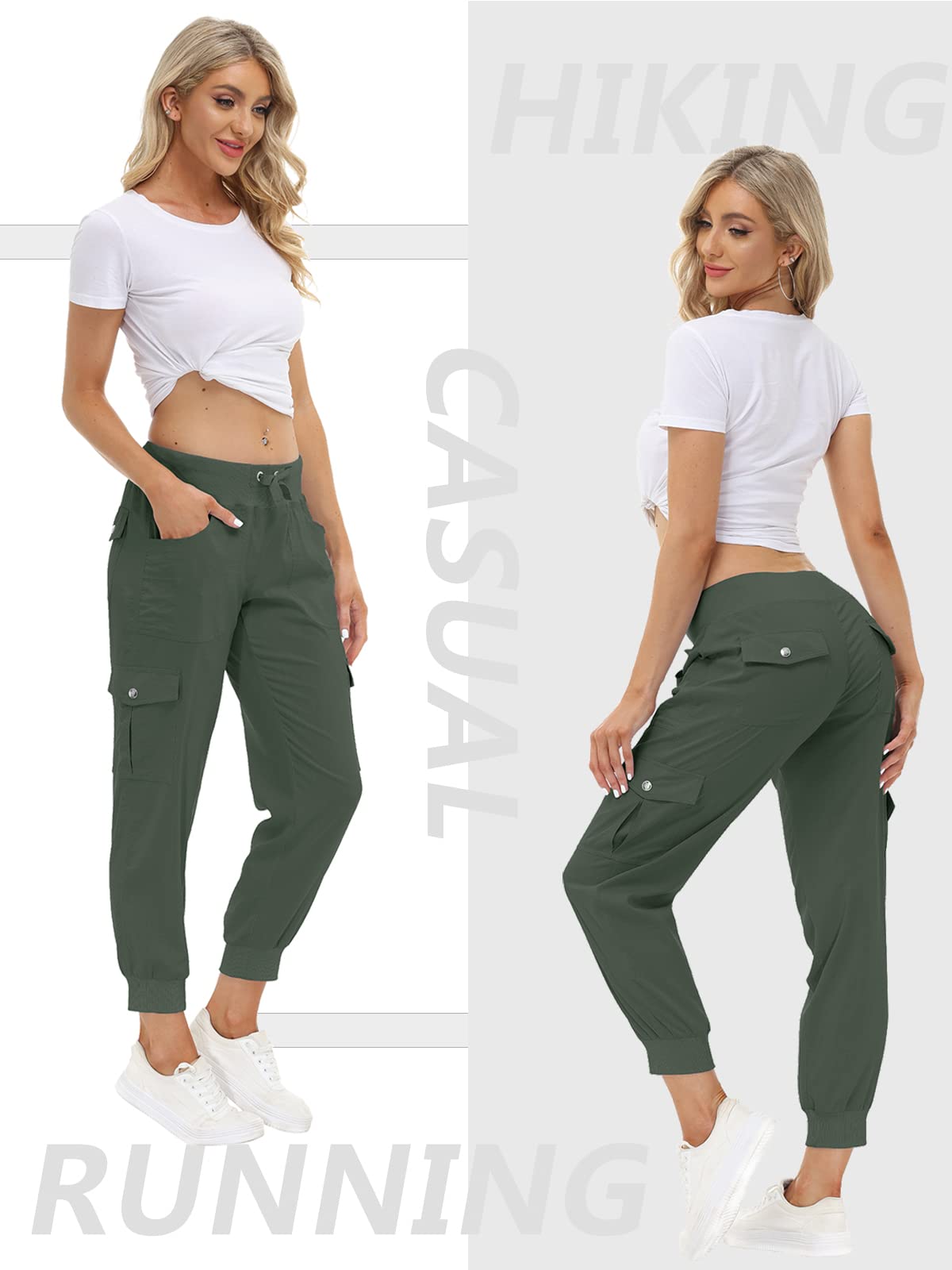 MoFiz Women's Hiking Pants Cargo Joggers Sweatpants with Pockets Lightweight Quick Dry Outdoor Summer Casual Athletic Elastic Waist Army Green 3XL MoFiz