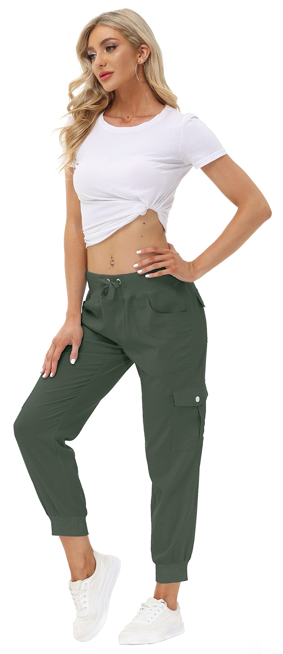MoFiz Women's Hiking Pants Cargo Joggers Sweatpants with Pockets Lightweight Quick Dry Outdoor Summer Casual Athletic Elastic Waist Army Green 3XL MoFiz