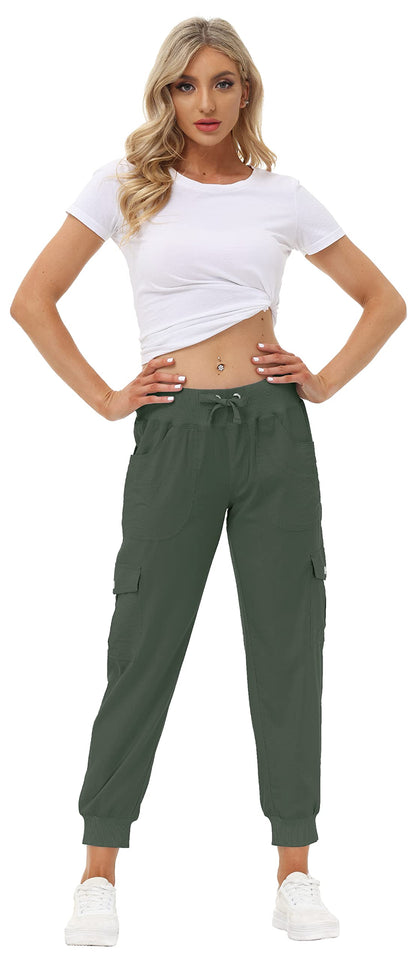 MoFiz Women's Hiking Pants Cargo Joggers Sweatpants with Pockets Lightweight Quick Dry Outdoor Summer Casual Athletic Elastic Waist Army Green 3XL MoFiz
