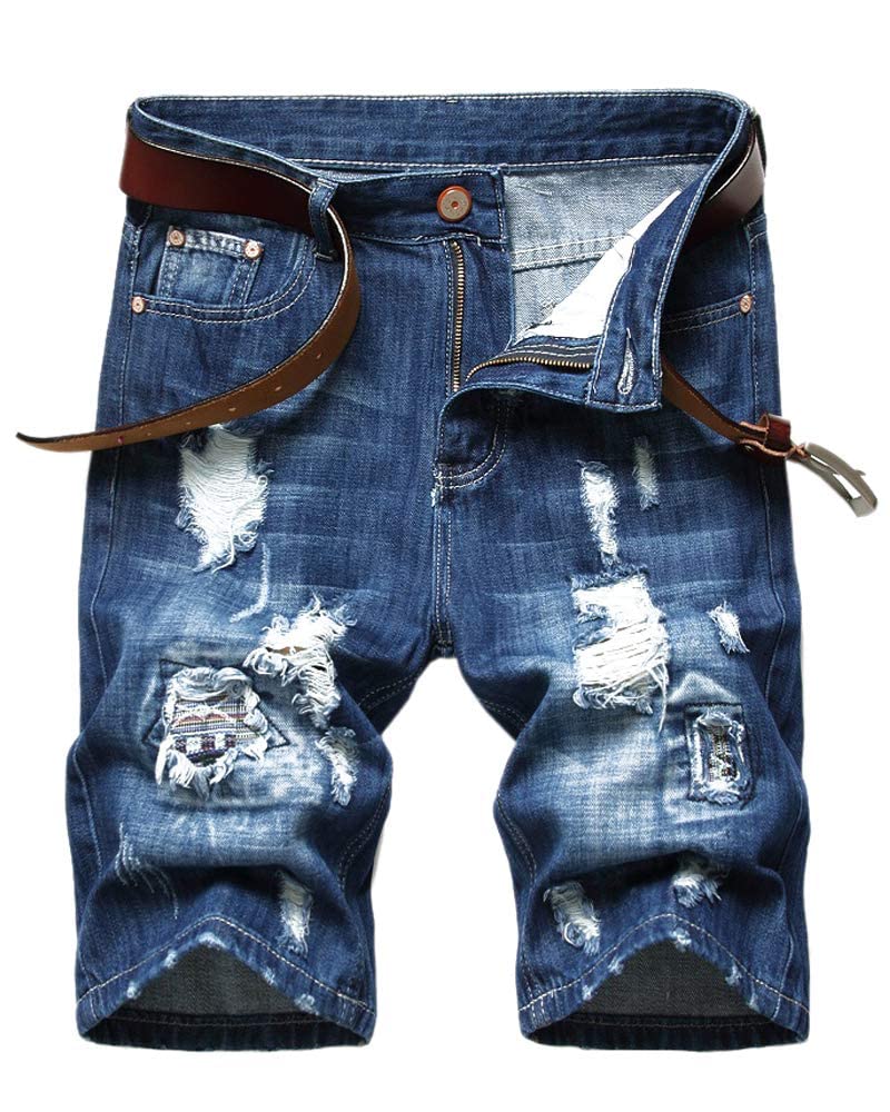 SHOOYING Men's Summer Stretch Ripped Holes Denim Shorts with Pockets SHOOYING