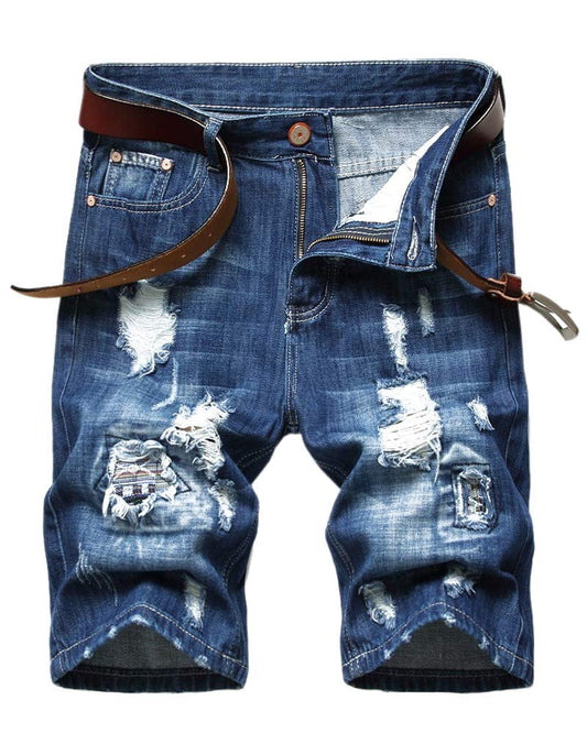 SHOOYING Men's Summer Stretch Ripped Holes Denim Shorts with Pockets SHOOYING