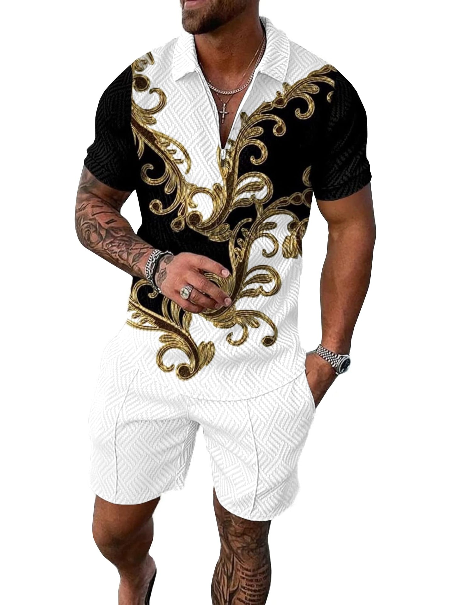 UOUA Mens Short Sets 2 Piece Summer Casual Outfits Polo Short Sleeve Shirts & Shorts Track Suit Jogging Loungewear White Golden Flower XL UOUA