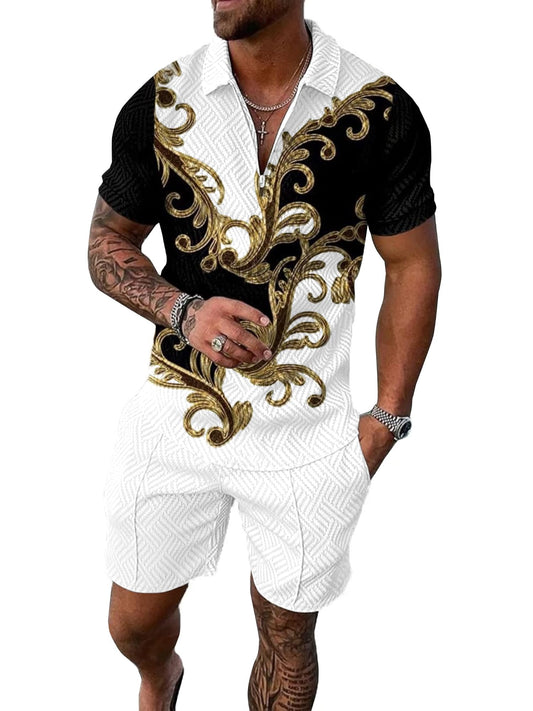 UOUA Mens Short Sets 2 Piece Summer Casual Outfits Polo Short Sleeve Shirts & Shorts Track Suit Jogging Loungewear White Golden Flower XL UOUA