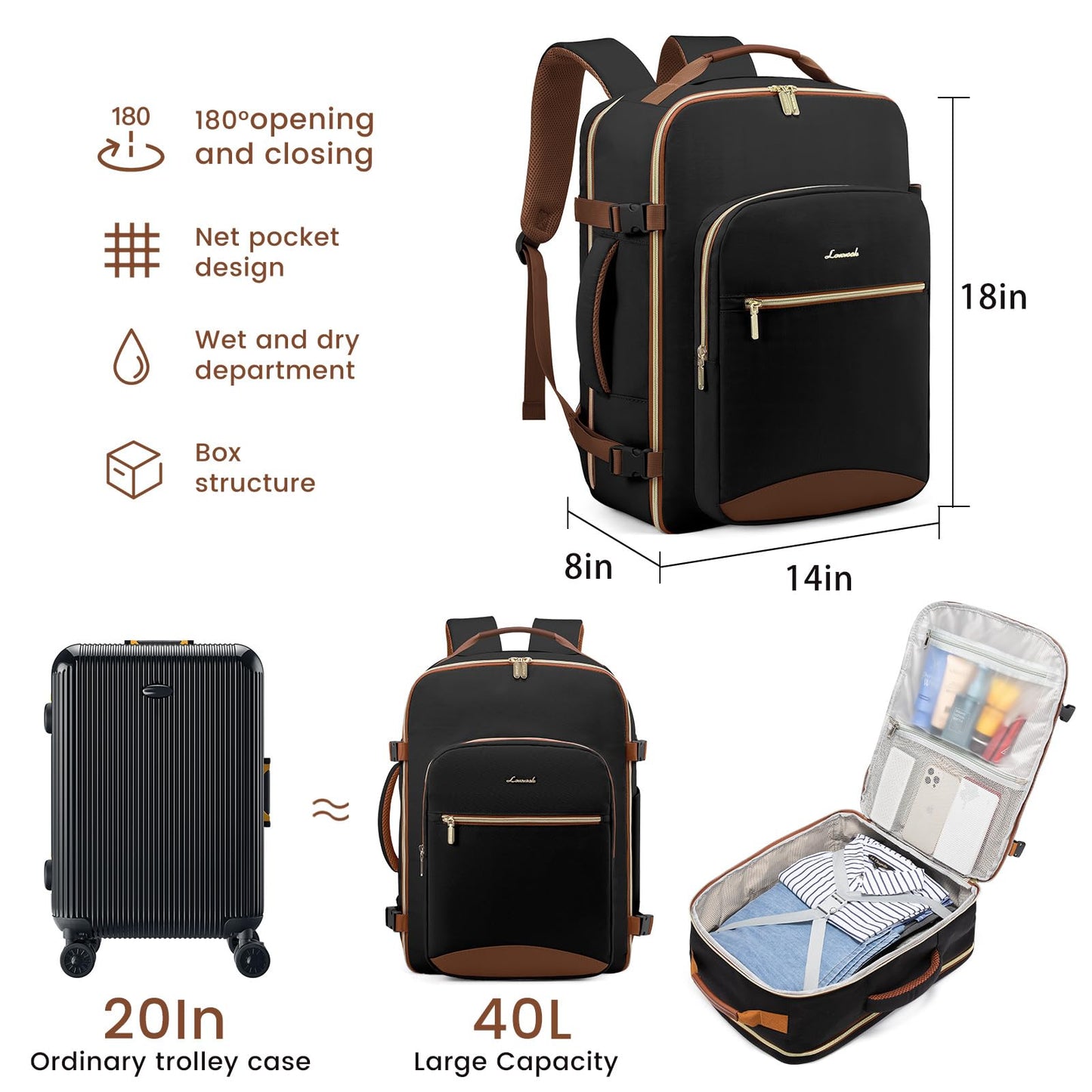 LOVEVOOK 40L Large Travel Backpack for Women Men, 17 Inch Carry on Backpack for Traveling on Airplane, Personal Item Bag Airline Approved, Business Causal Weekender Backpack, Black-Brown LOVEVOOK