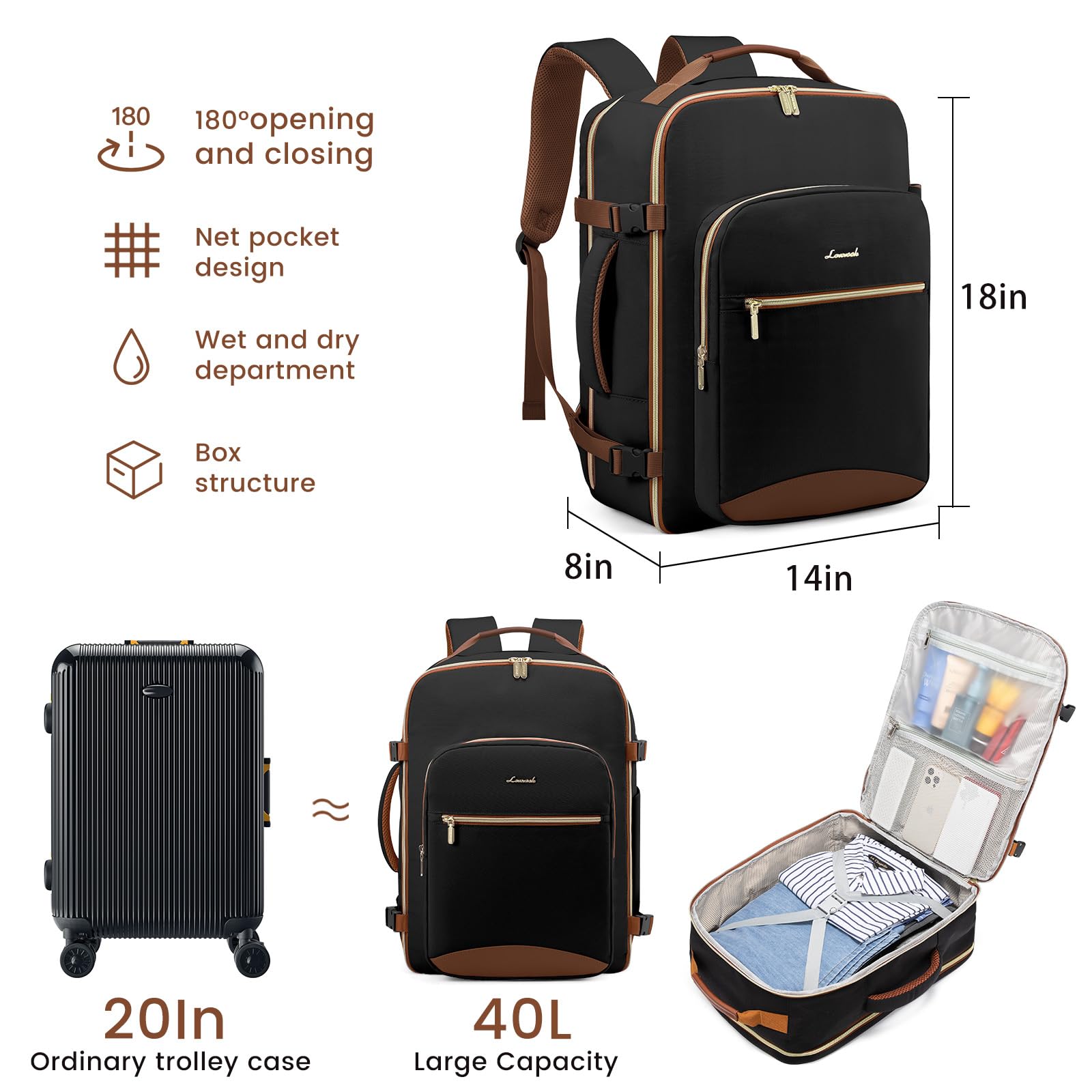 LOVEVOOK 40L Large Travel Backpack for Women Men, 17 Inch Carry on Backpack for Traveling on Airplane, Personal Item Bag Airline Approved, Business Causal Weekender Backpack, Black-Brown LOVEVOOK