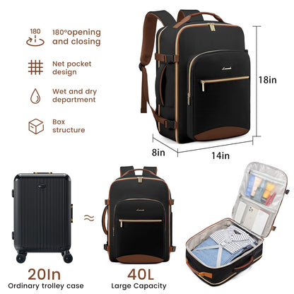 LOVEVOOK 40L Large Travel Backpack for Women Men, 17 Inch Carry on Backpack for Traveling on Airplane, Personal Item Bag Airline Approved, Business Causal Weekender Backpack, Black-Brown LOVEVOOK