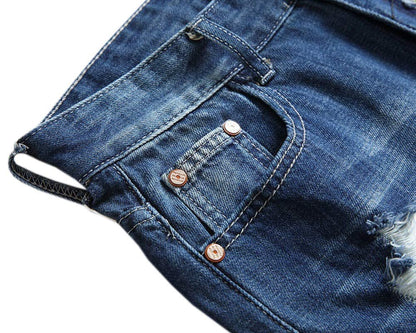 SHOOYING Men's Summer Stretch Ripped Holes Denim Shorts with Pockets SHOOYING