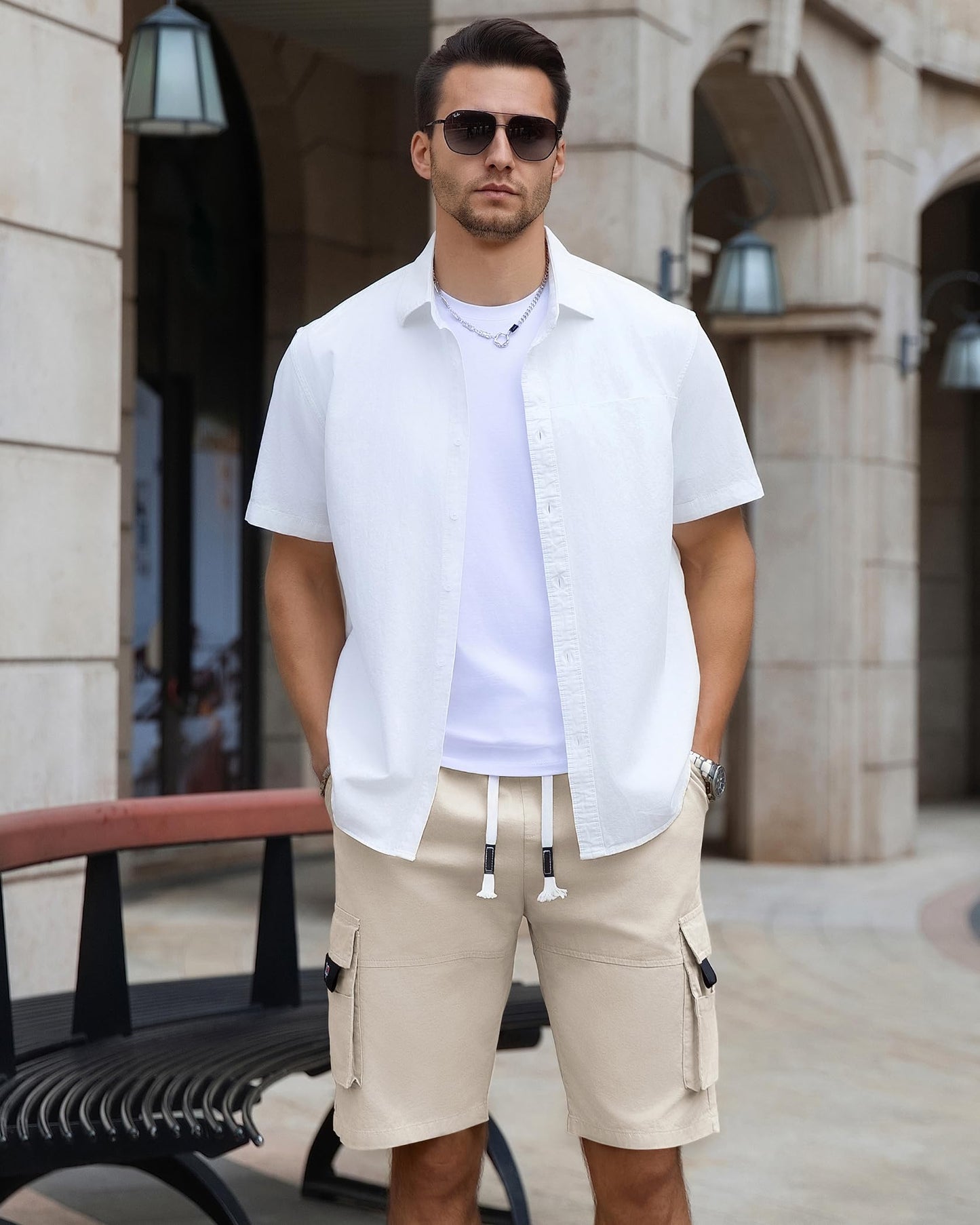 APTRO Men's Elastic Waistband Cotton Cargo Shorts Relaxed Fit Summer Casual Shorts A901 Beige L APTRO