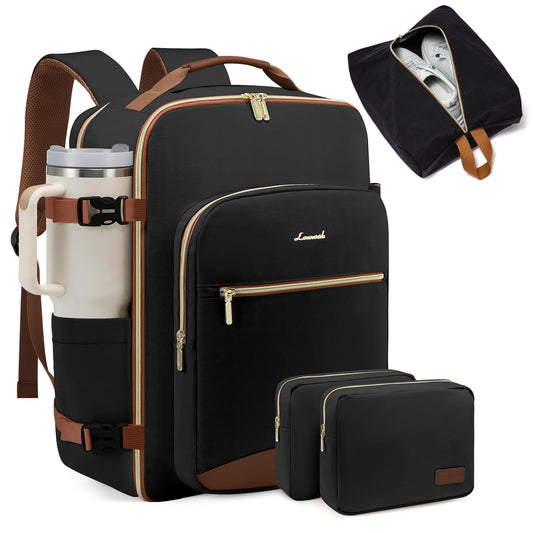 LOVEVOOK 40L Large Travel Backpack for Women Men, 17 Inch Carry on Backpack for Traveling on Airplane, Personal Item Bag Airline Approved, Business Causal Weekender Backpack, Black-Brown LOVEVOOK