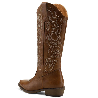 mysoft Women's Cowboy Boots Mid Calf Cowgirl Embroidered Western Pointed Toe Chunky Heel Pull On Knee High Boots mysoft