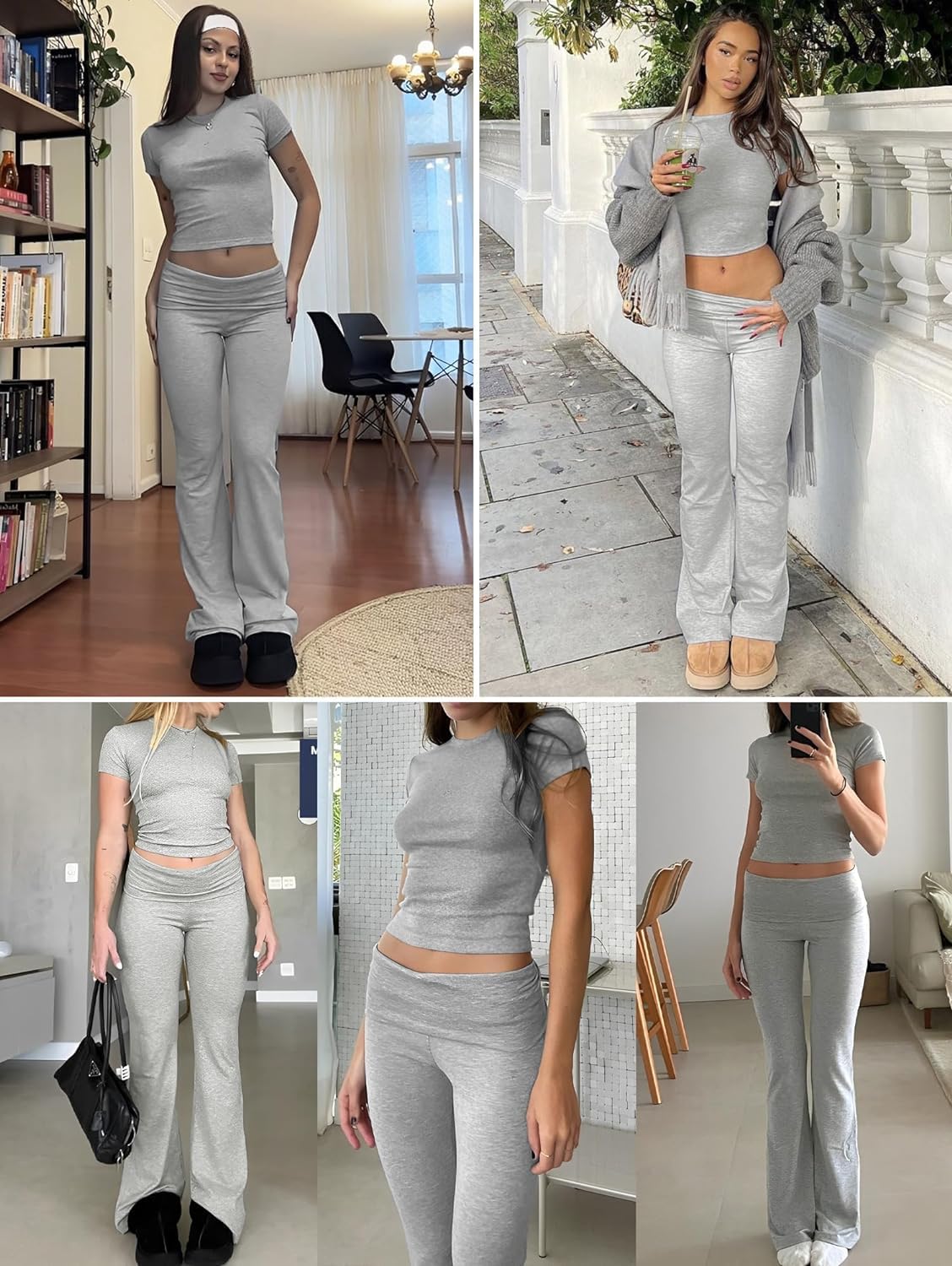 ZFLM Casual Workout Two Piece Outfits for Women Short Sleeve Crop High Waist Foldover Flare Pants Tracksuit Sets Streetwear ZFLM