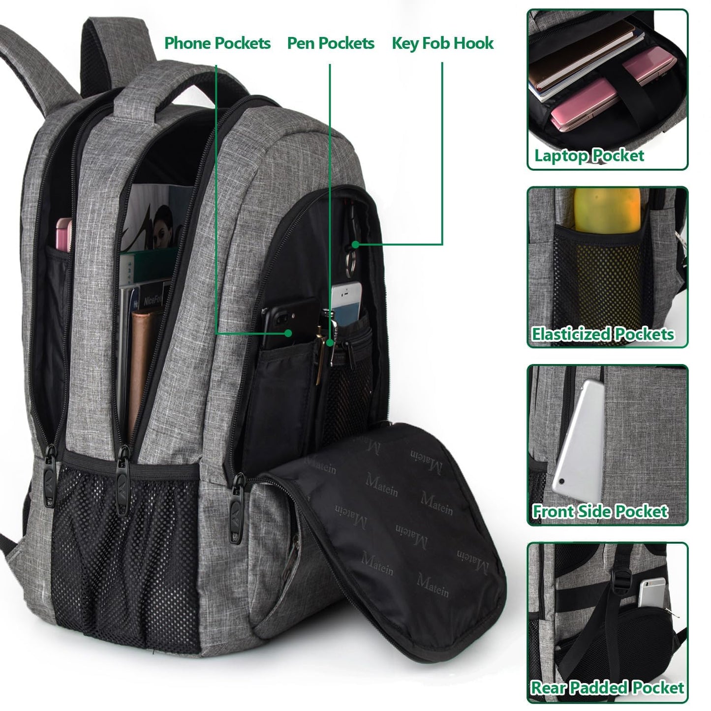 MATEIN Travel Laptop Backpack, Business Anti Theft Slim Sturdy Laptops Backpack Personal Item Bag, Water Resistant College School Computer Bag Gift for Men & Women Fits 15.6 Inch Notebook, Grey MATEIN
