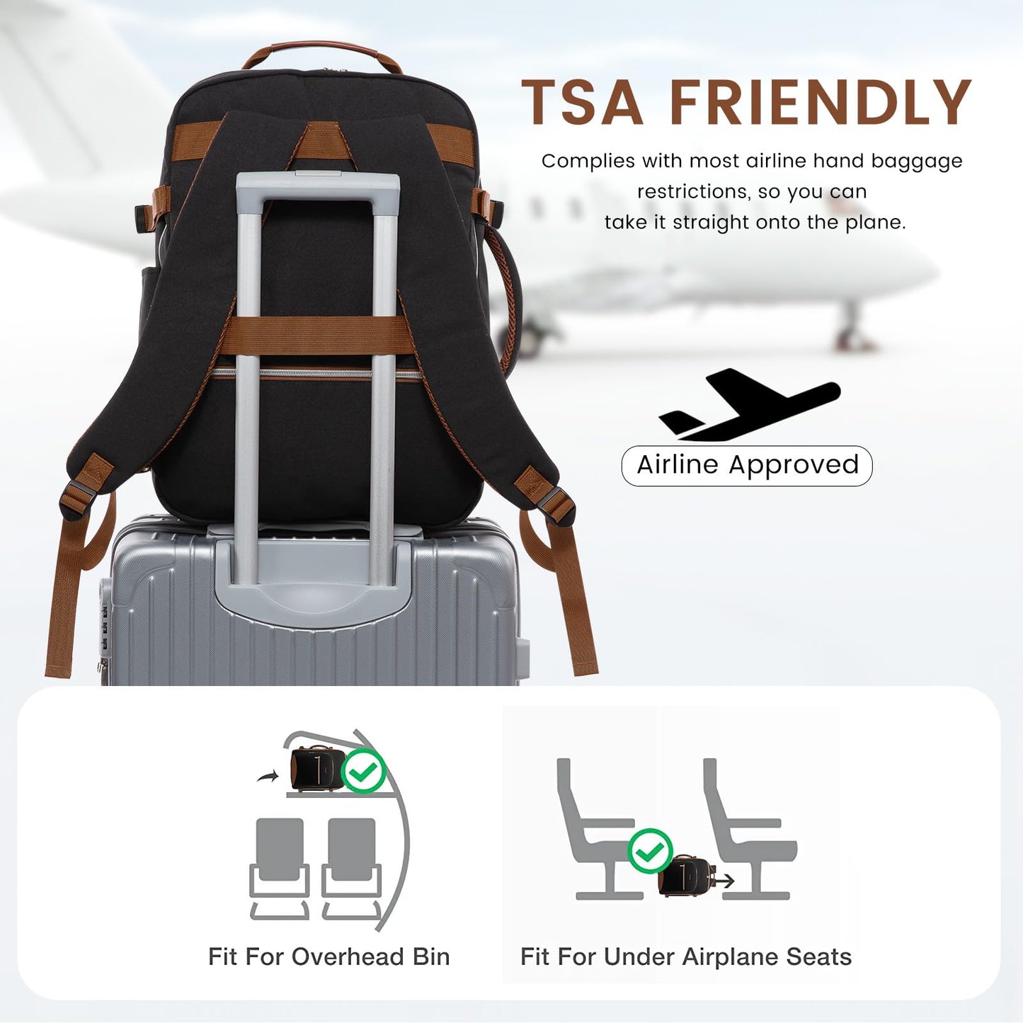 LOVEVOOK 40L Large Travel Backpack for Women Men, 17 Inch Carry on Backpack for Traveling on Airplane, Personal Item Bag Airline Approved, Business Causal Weekender Backpack, Black-Brown LOVEVOOK