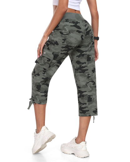 MoFiz Women's Hiking Capris Pants Lightweight Quick Dry Running Athletic Casual Outdoor Cargo Pants for Women Pockets Camo Green 2XL MoFiz