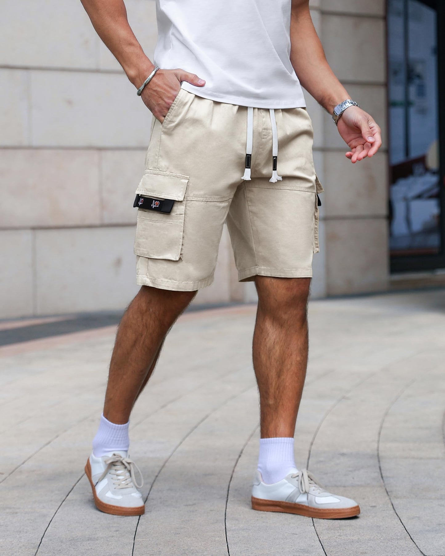APTRO Men's Elastic Waistband Cotton Cargo Shorts Relaxed Fit Summer Casual Shorts A901 Beige L APTRO