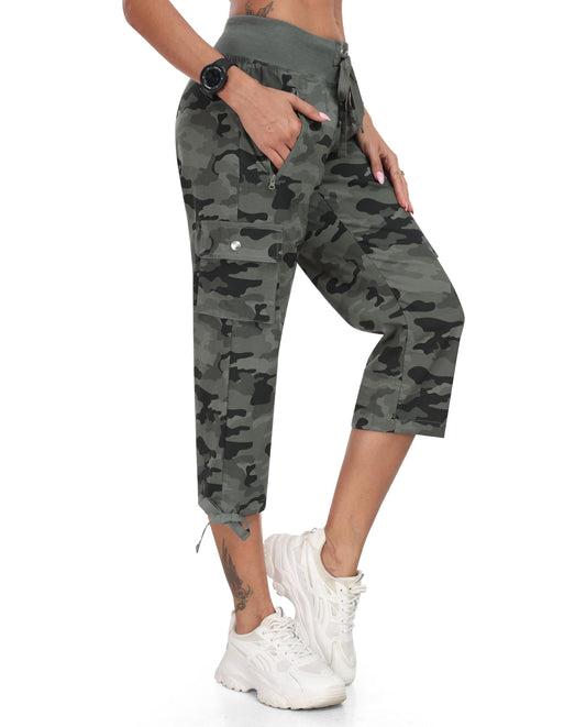 MoFiz Women's Hiking Capris Pants Lightweight Quick Dry Running Athletic Casual Outdoor Cargo Pants for Women Pockets Camo Green 2XL MoFiz