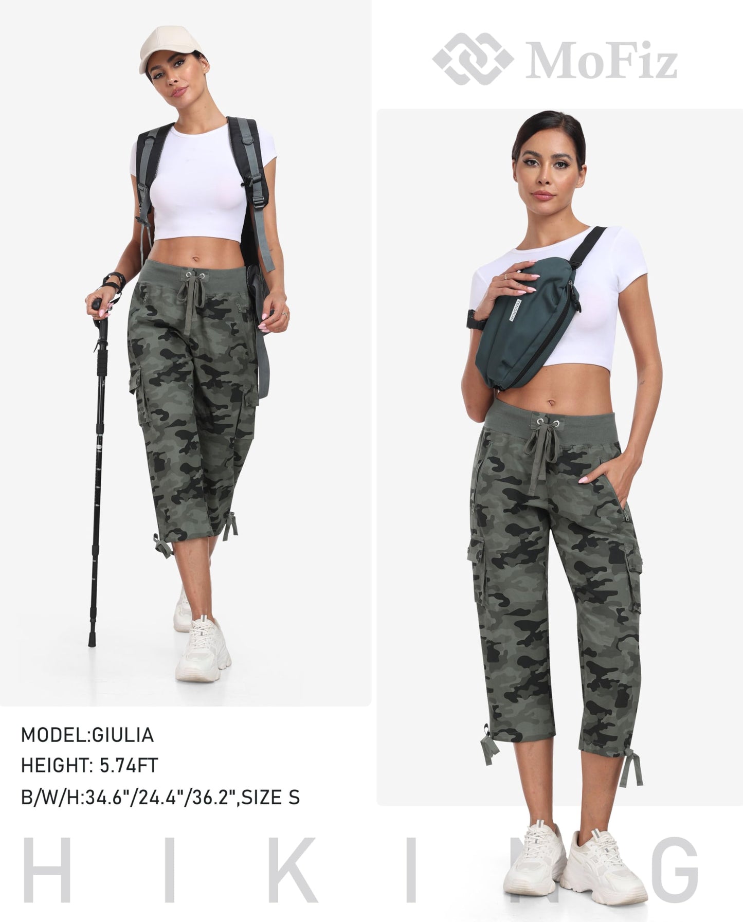 MoFiz Women's Hiking Capris Pants Lightweight Quick Dry Running Athletic Casual Outdoor Cargo Pants for Women Pockets Camo Green 2XL MoFiz