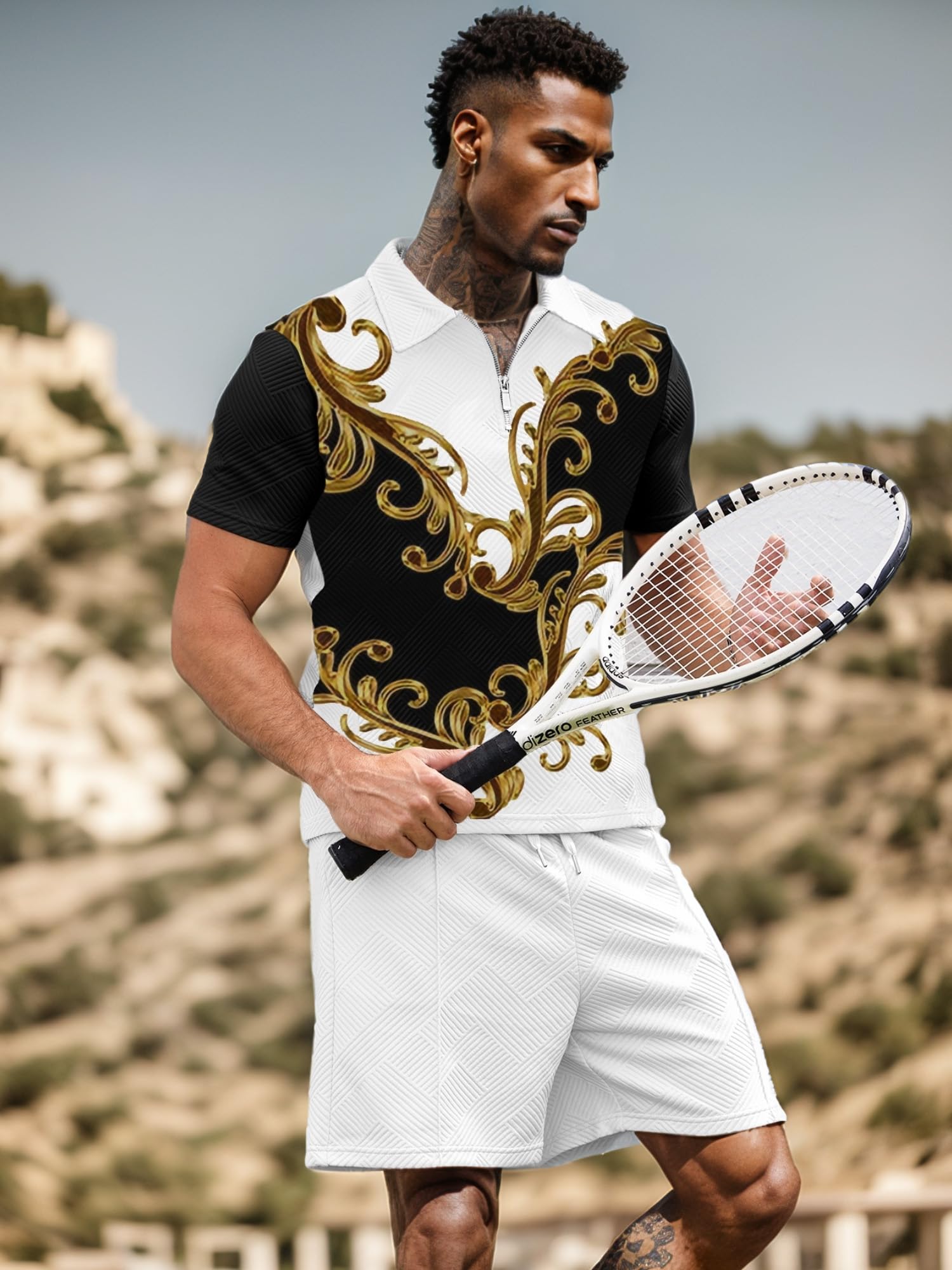 UOUA Mens Short Sets 2 Piece Summer Casual Outfits Polo Short Sleeve Shirts & Shorts Track Suit Jogging Loungewear White Golden Flower XL UOUA