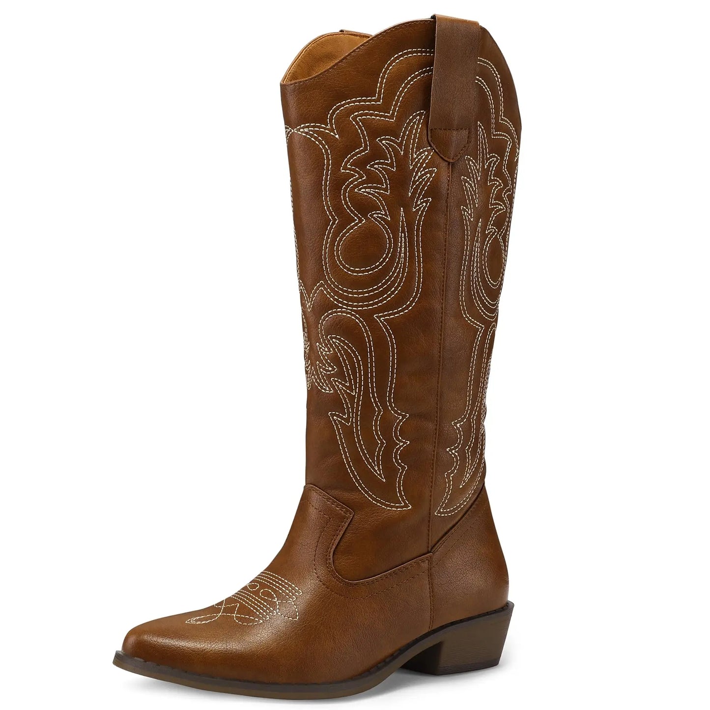 mysoft Women's Cowboy Boots Mid Calf Cowgirl Embroidered Western Pointed Toe Chunky Heel Pull On Knee High Boots mysoft