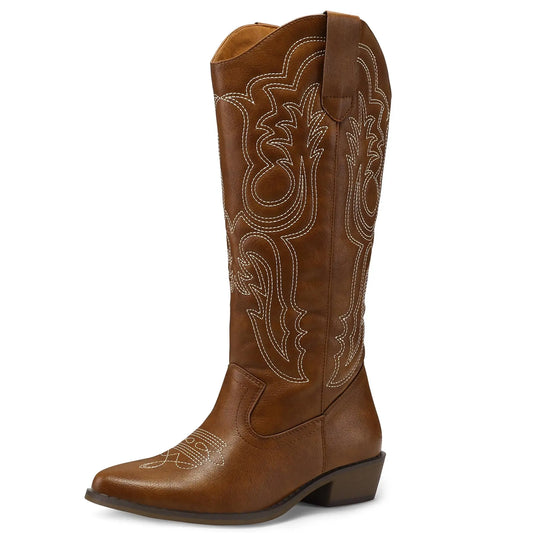 mysoft Women's Cowboy Boots Mid Calf Cowgirl Embroidered Western Pointed Toe Chunky Heel Pull On Knee High Boots mysoft