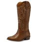 mysoft Women's Cowboy Boots Mid Calf Cowgirl Embroidered Western Pointed Toe Chunky Heel Pull On Knee High Boots mysoft