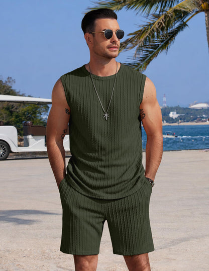 COOFANDY Men's 2 Piece Outfit Vintage Sleevesless Knit Tops and Shorts Casual Beach Shorts Sets, Army, XXL COOFANDY