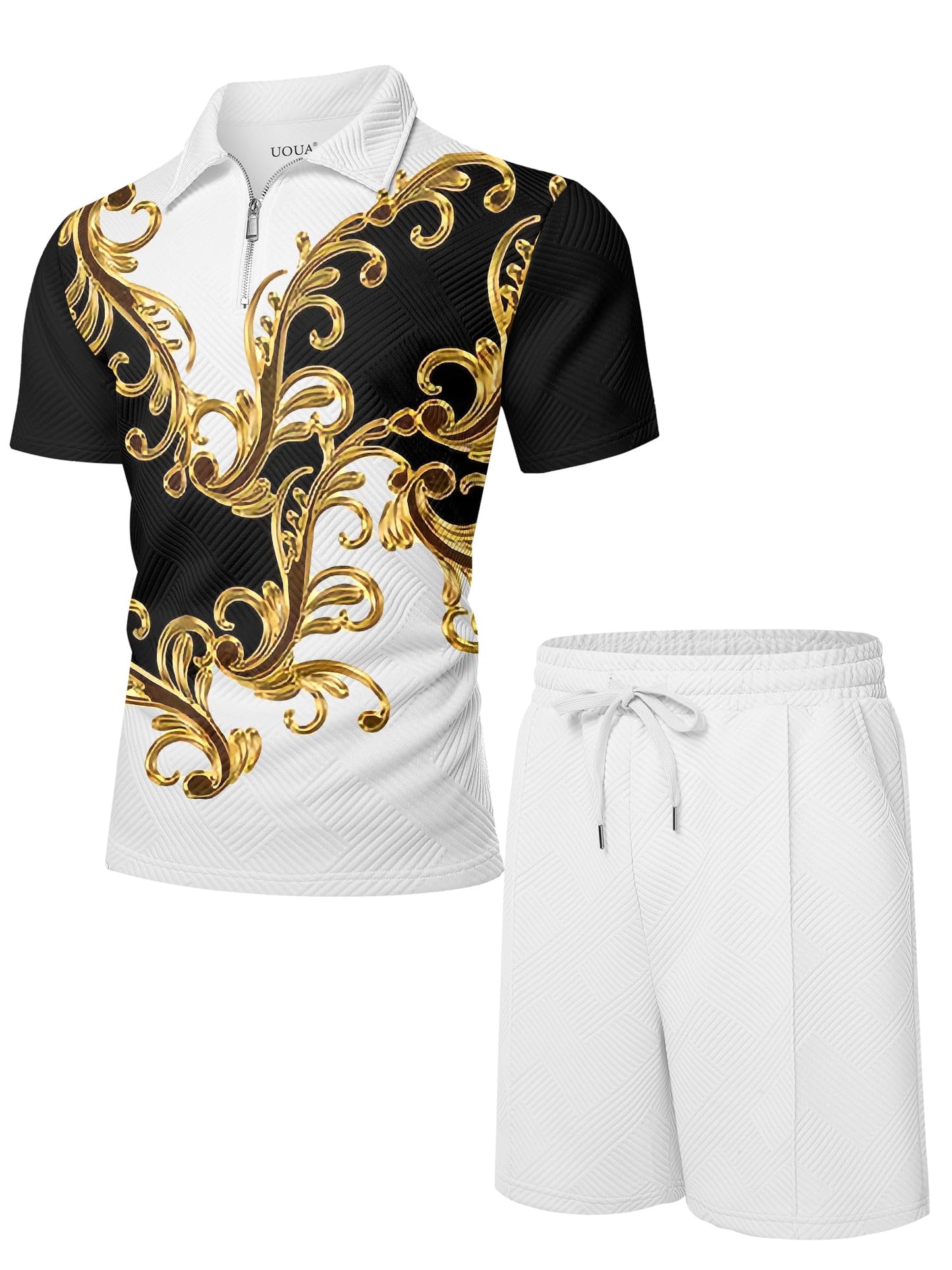 UOUA Mens Short Sets 2 Piece Summer Casual Outfits Polo Short Sleeve Shirts & Shorts Track Suit Jogging Loungewear White Golden Flower XL UOUA