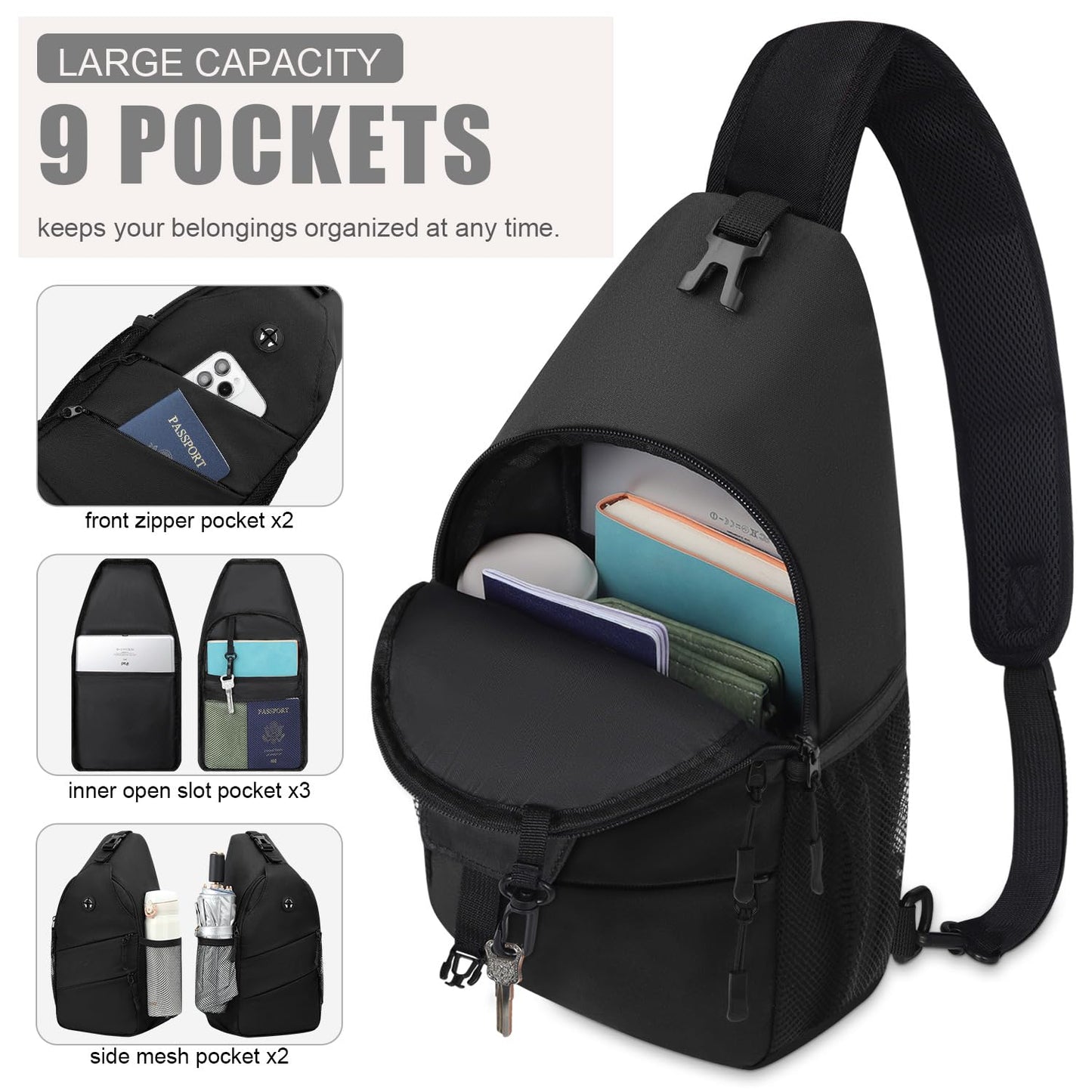 Pritent Crossbody Bags for Women Men Trendy Sling Bag Bakpack Casual Chest Bag with Convertible Shoulder Strap Travel Cross Body Bag for Hiking Traveling Outdoors(Black) Pritent