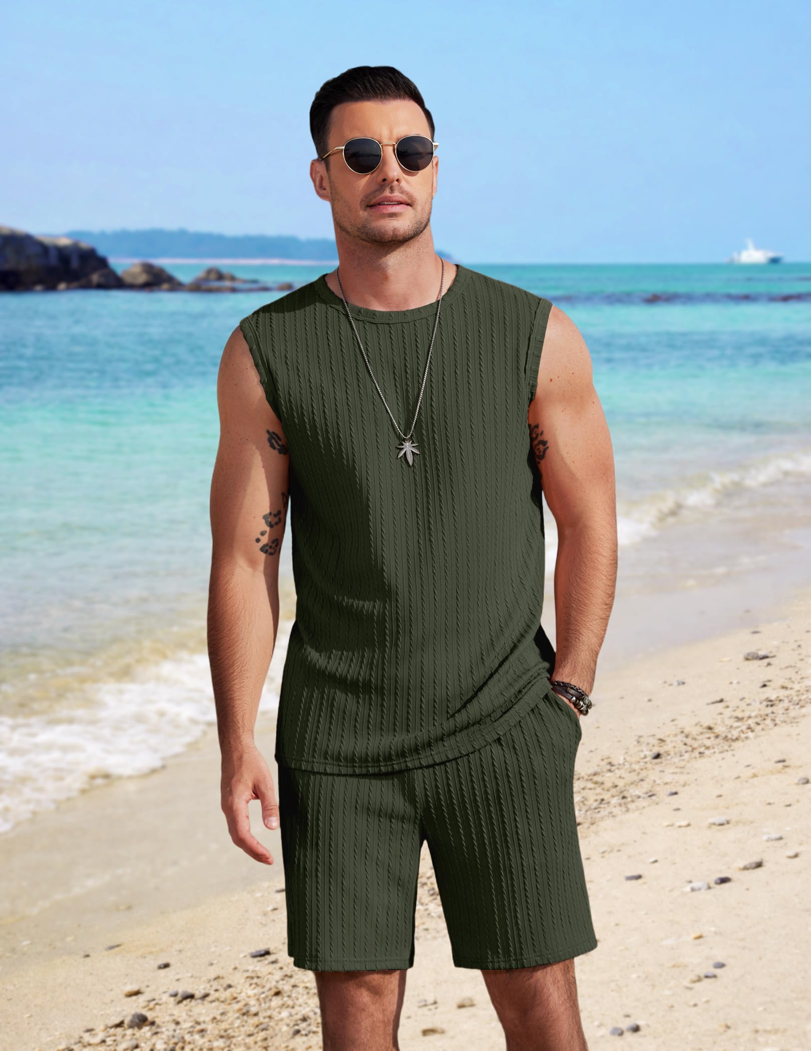 COOFANDY Men's 2 Piece Outfit Vintage Sleevesless Knit Tops and Shorts Casual Beach Shorts Sets, Army, XXL COOFANDY