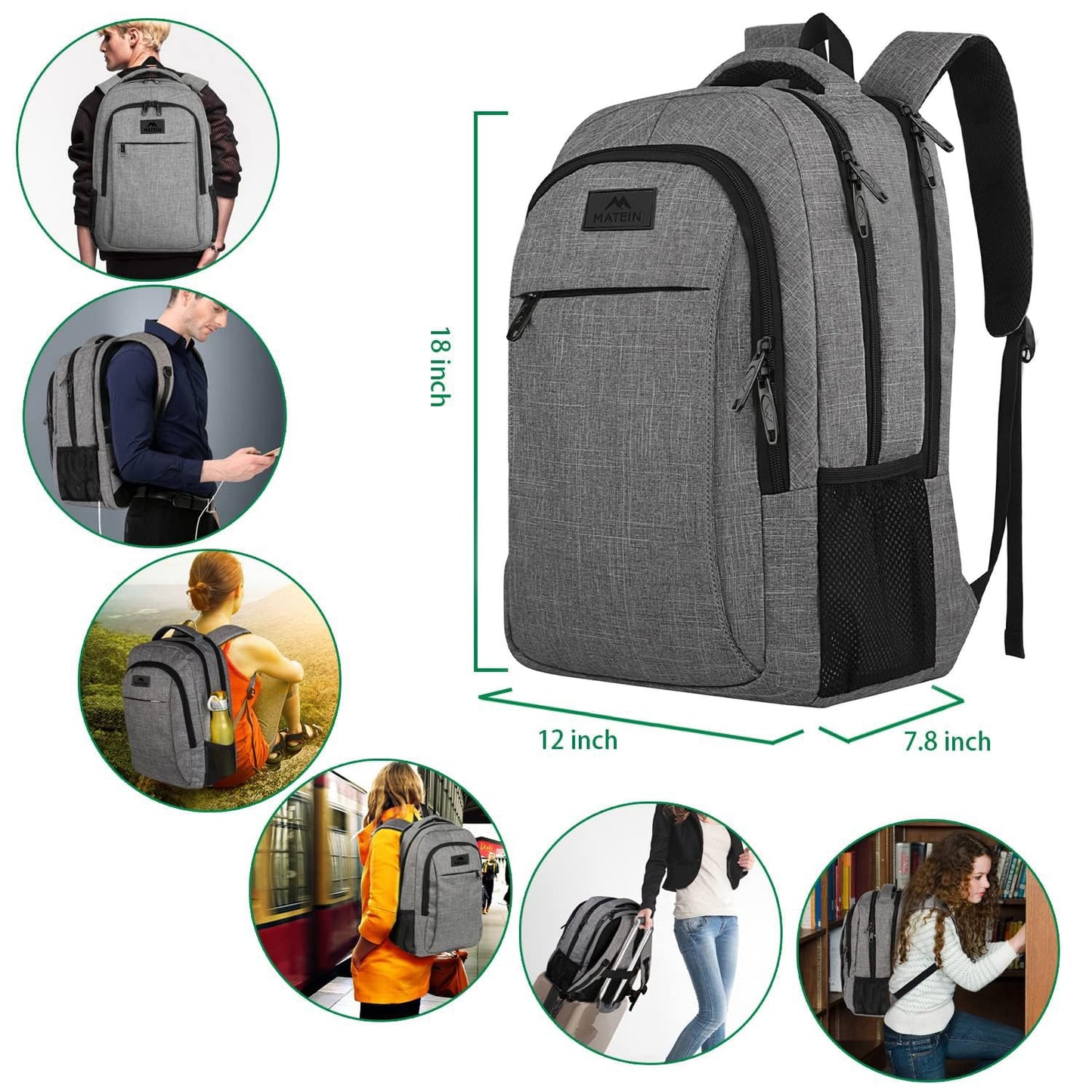 MATEIN Travel Laptop Backpack, Business Anti Theft Slim Sturdy Laptops Backpack Personal Item Bag, Water Resistant College School Computer Bag Gift for Men & Women Fits 15.6 Inch Notebook, Grey MATEIN