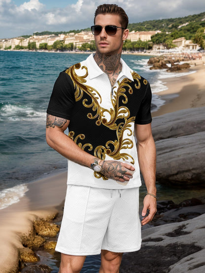 UOUA Mens Short Sets 2 Piece Summer Casual Outfits Polo Short Sleeve Shirts & Shorts Track Suit Jogging Loungewear White Golden Flower XL UOUA