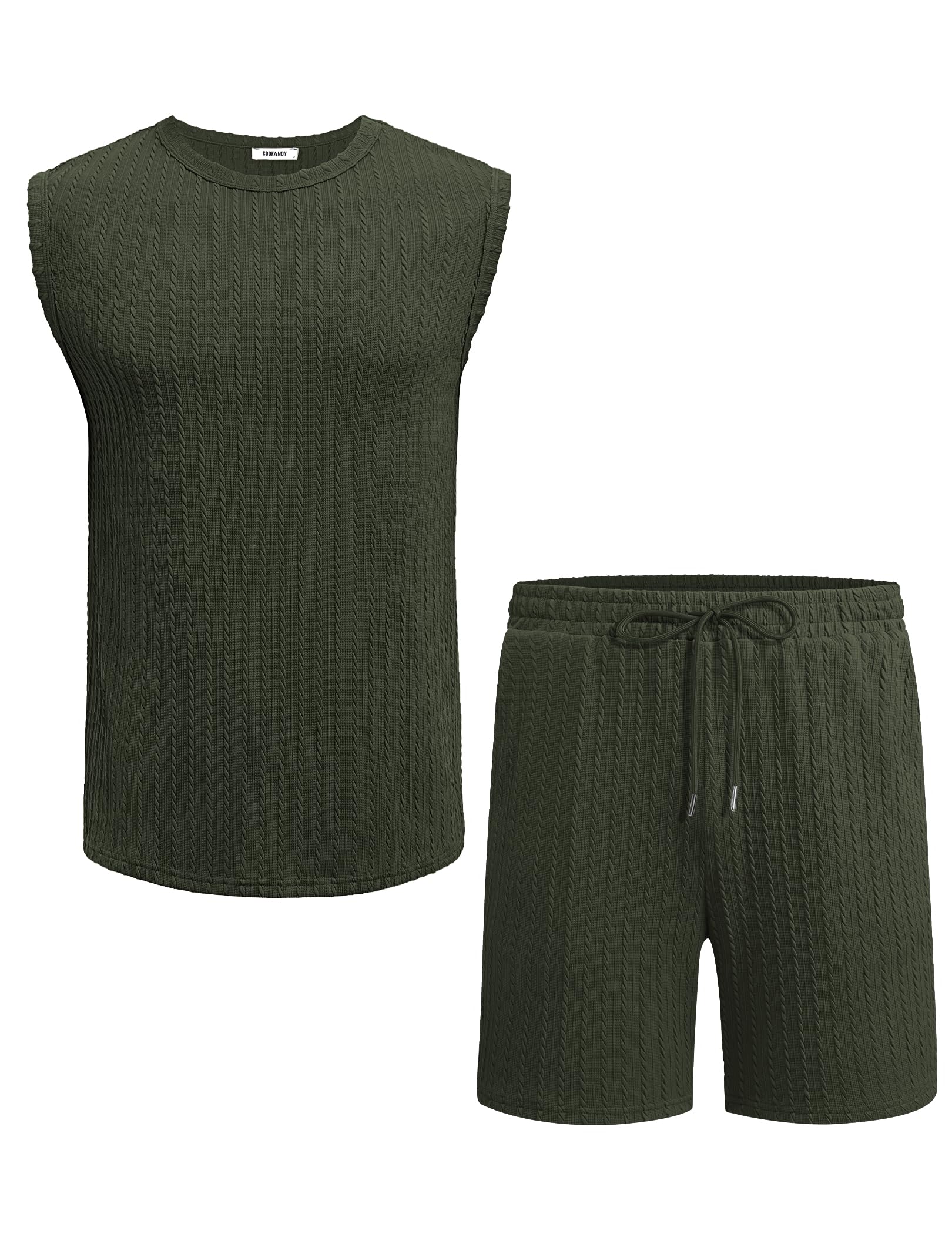 COOFANDY Men's 2 Piece Outfit Vintage Sleevesless Knit Tops and Shorts Casual Beach Shorts Sets, Army, XXL COOFANDY