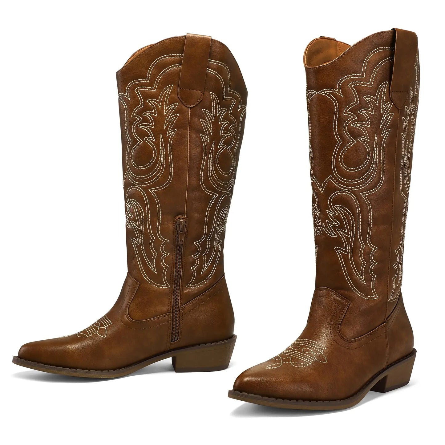 mysoft Women's Cowboy Boots Mid Calf Cowgirl Embroidered Western Pointed Toe Chunky Heel Pull On Knee High Boots mysoft