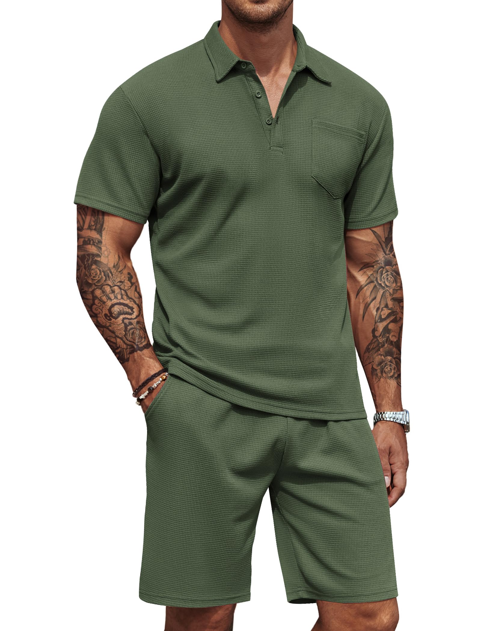 COOFANDY Men's Waffle Knit Polo Shirt and Shorts Set 2 Pieces Outfits Summer Suit Casual Tracksuit with Pockets COOFANDY