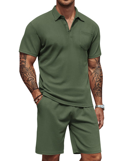 COOFANDY Men's Waffle Knit Polo Shirt and Shorts Set 2 Pieces Outfits Summer Suit Casual Tracksuit with Pockets COOFANDY