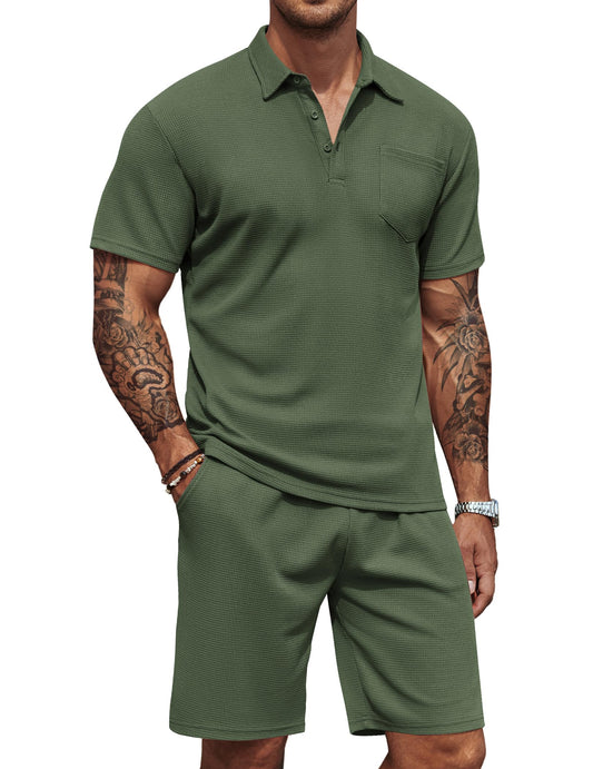 COOFANDY Men's Waffle Knit Polo Shirt and Shorts Set 2 Pieces Outfits Summer Suit Casual Tracksuit with Pockets COOFANDY